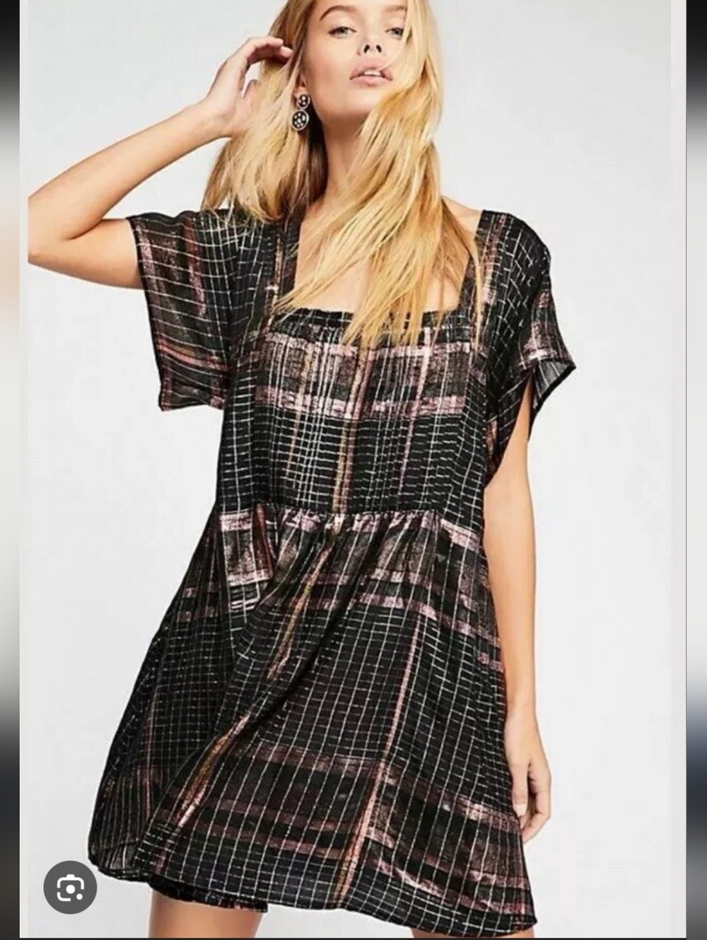 Free People Black Mini Dress with Metallic Copper Plaid